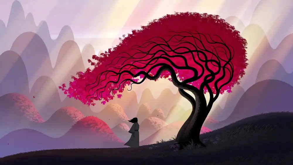 Fantasy art - a windswept tree - Monument Valley style. Downloaded from Wallhaven. Author and rights unknown - please get in touch for crediting, or if there's any issue.